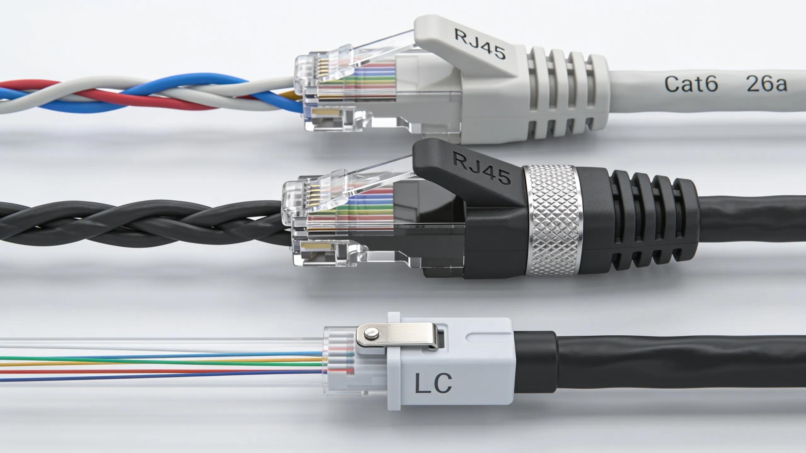 Comparison of Cat6, Cat6a, and fibre optic cabling illustrating key types of structured data cabling
