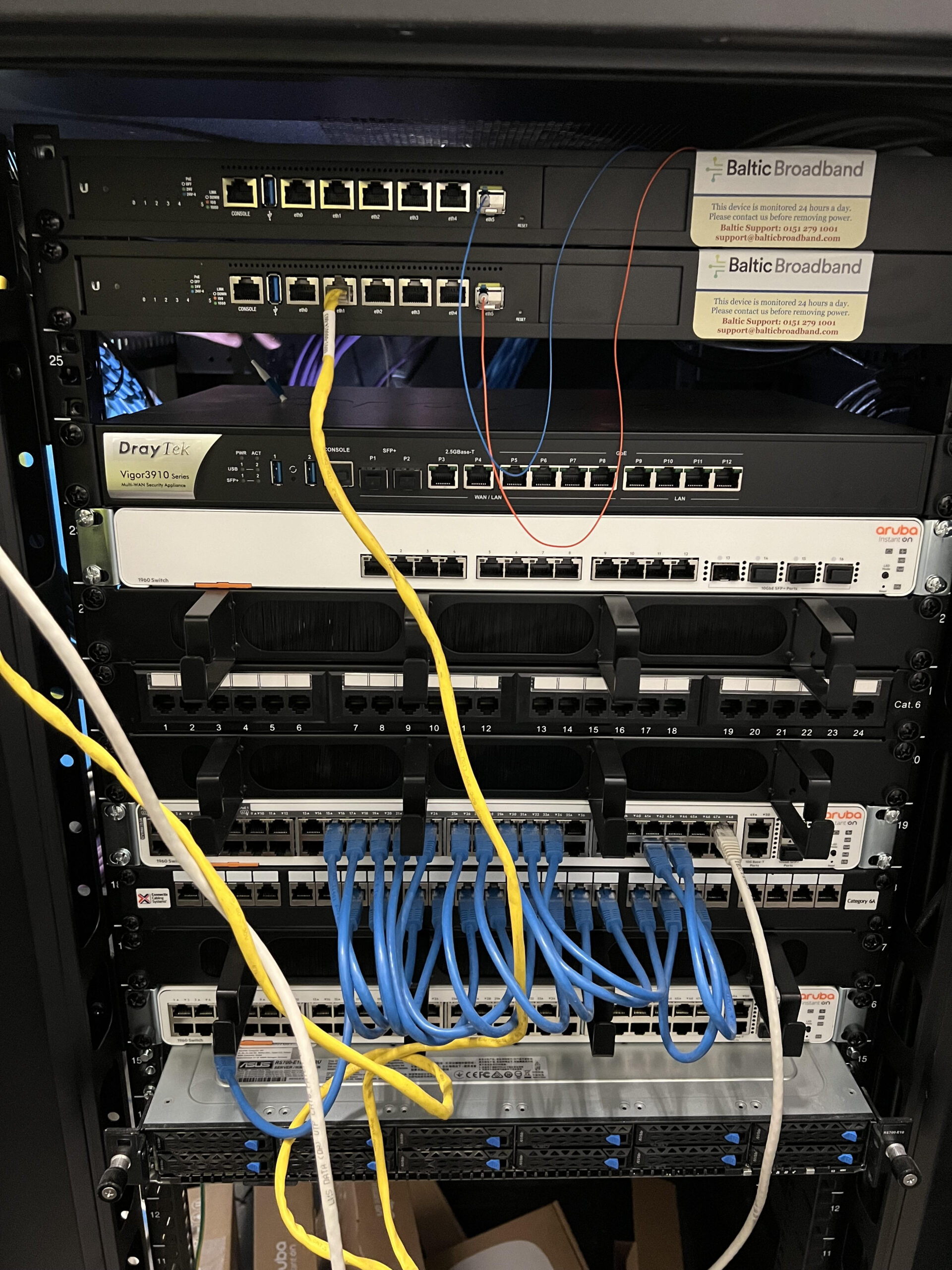 Network server rack with multiple switches and wiring.